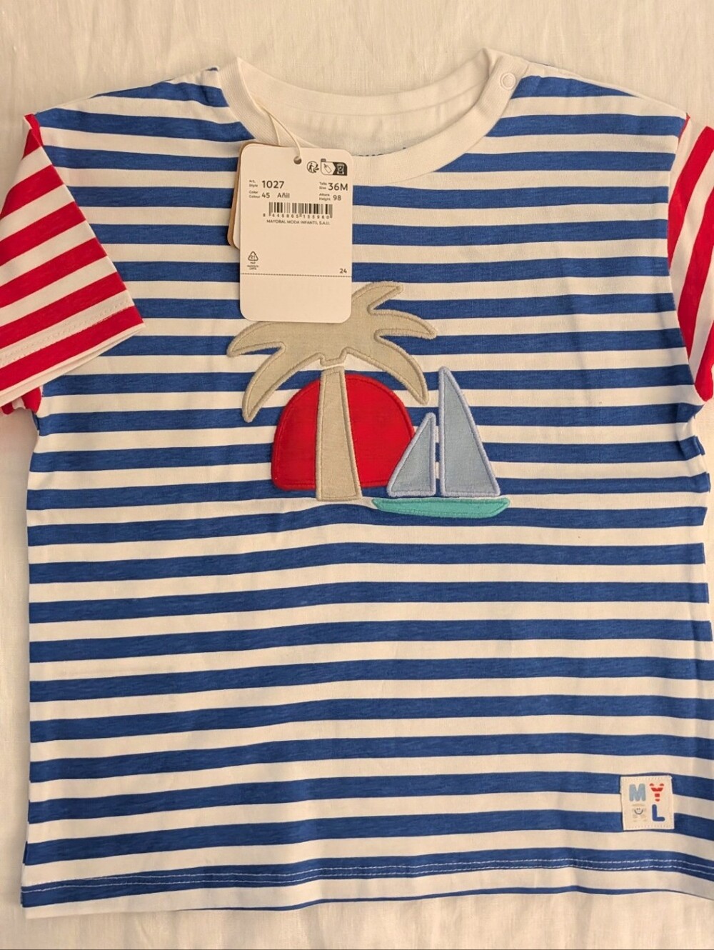 Kids Striped Sailboat Appliqué T-Shirt - Blue & Red Mayoral 36m